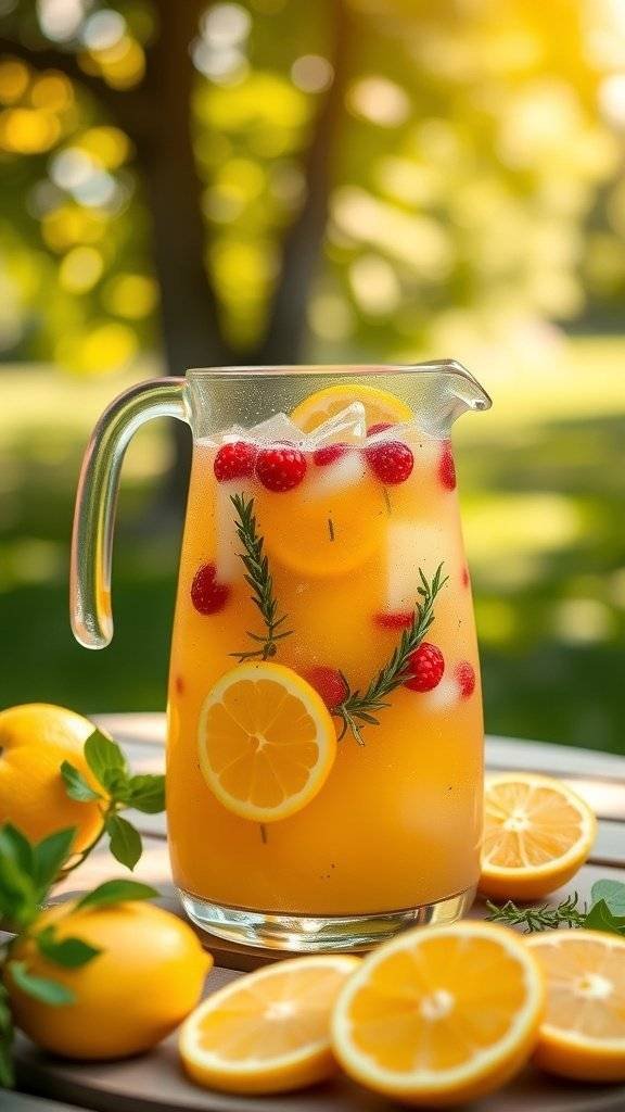 A pitcher of chilled citrus sangria with lemons, raspberries, and mint on a sunny day.