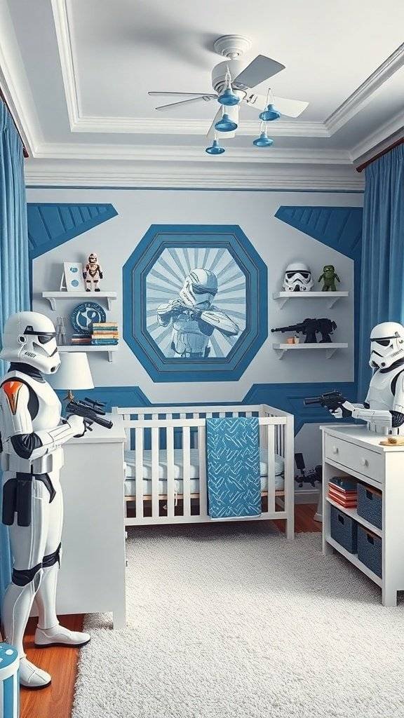 A nursery room inspired by Clone Trooper from Star Wars, featuring blue walls, a crib, and Clone Trooper figures.