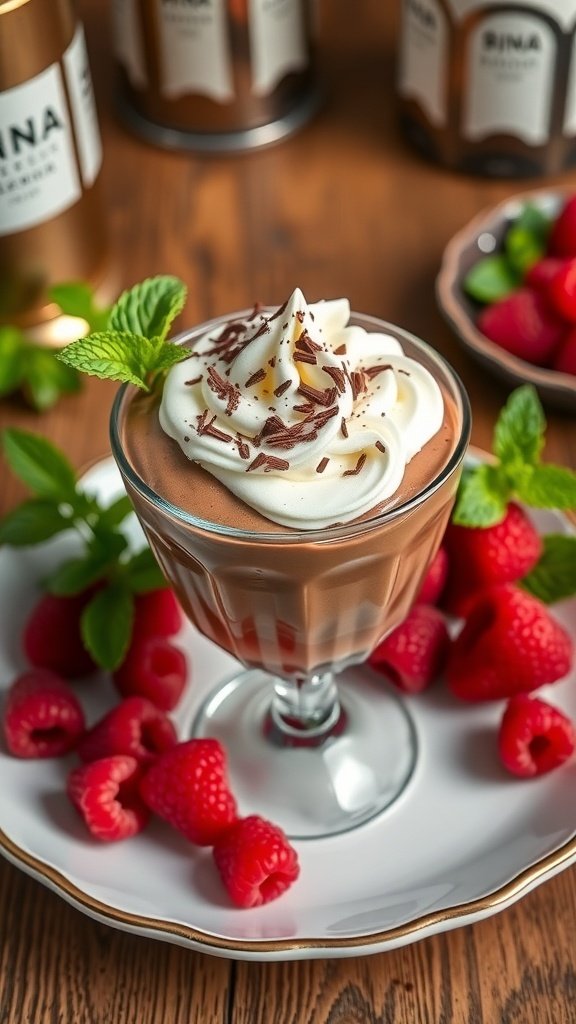 A glass of chocolate mousse topped with whipped cream, chocolate shavings, and fresh raspberries, set on a wooden table.