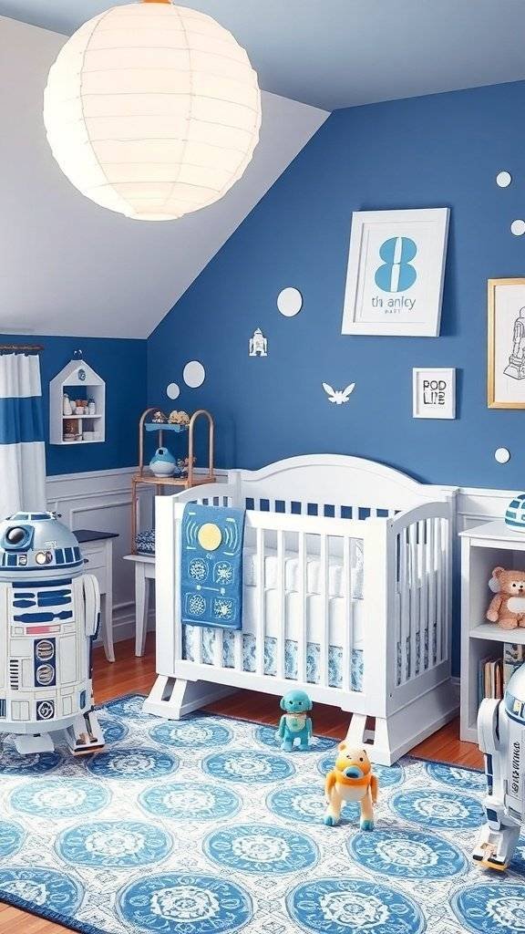 Nursery room inspired by R2-D2 with a crib, toys, and artwork.