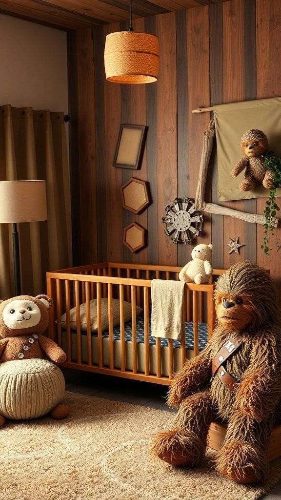 A cozy nursery room inspired by Chewbacca, featuring a wooden crib, plush Chewbacca toy, and warm lighting.