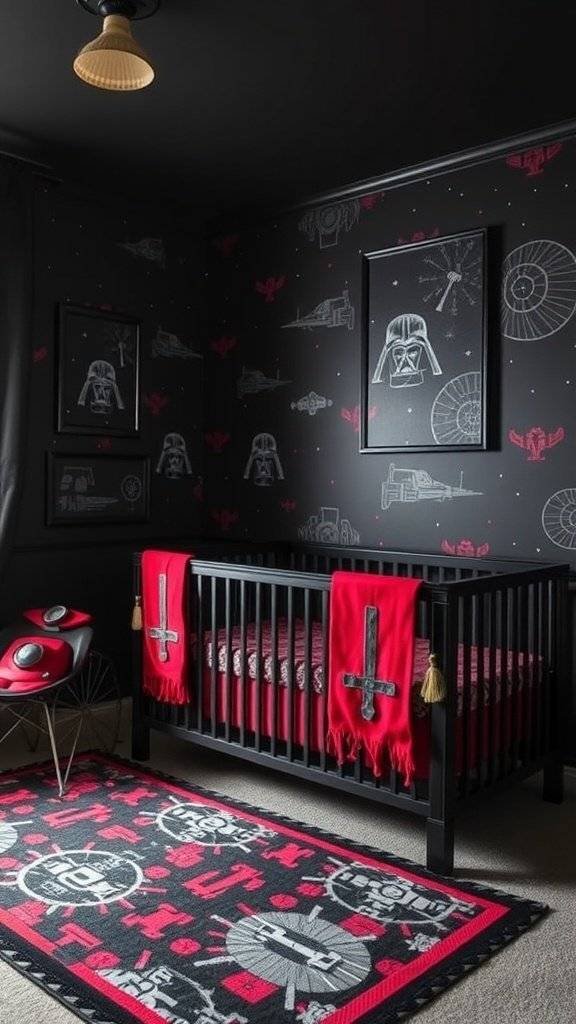 A dark themed nursery inspired by Darth Vader with red accents, featuring a crib, Star Wars artwork, and a figurine.