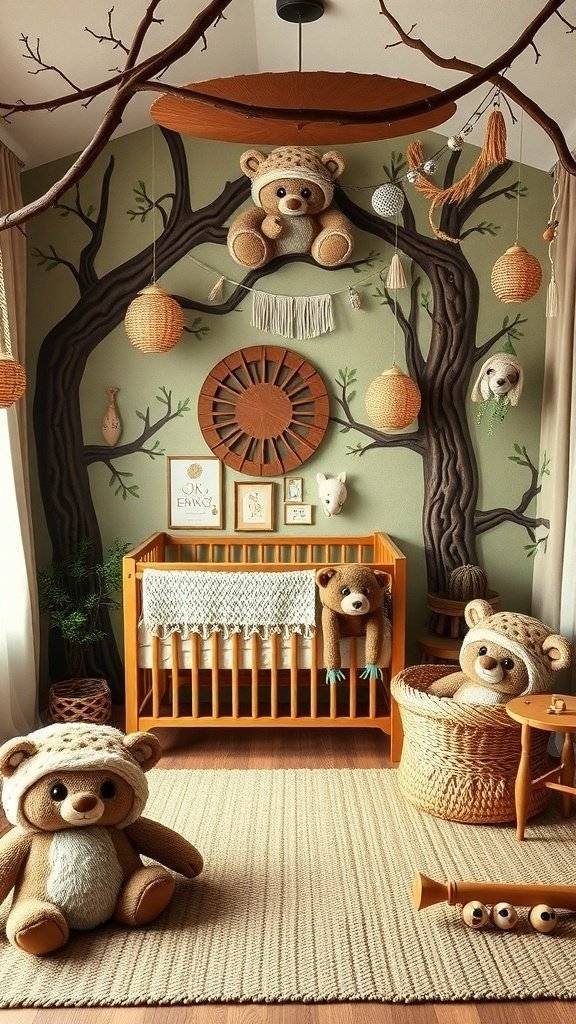 A nursery room inspired by Ewok village, featuring tree designs, plush teddy bears, and a cozy crib.