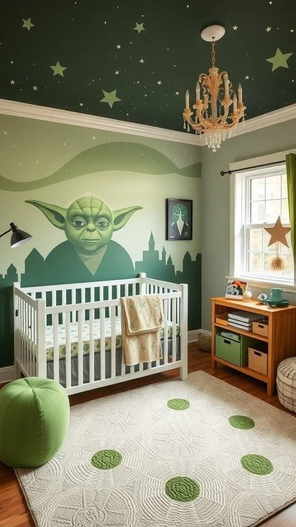 A nursery room inspired by Yoda from Star Wars, featuring green walls, a crib, and whimsical decor.