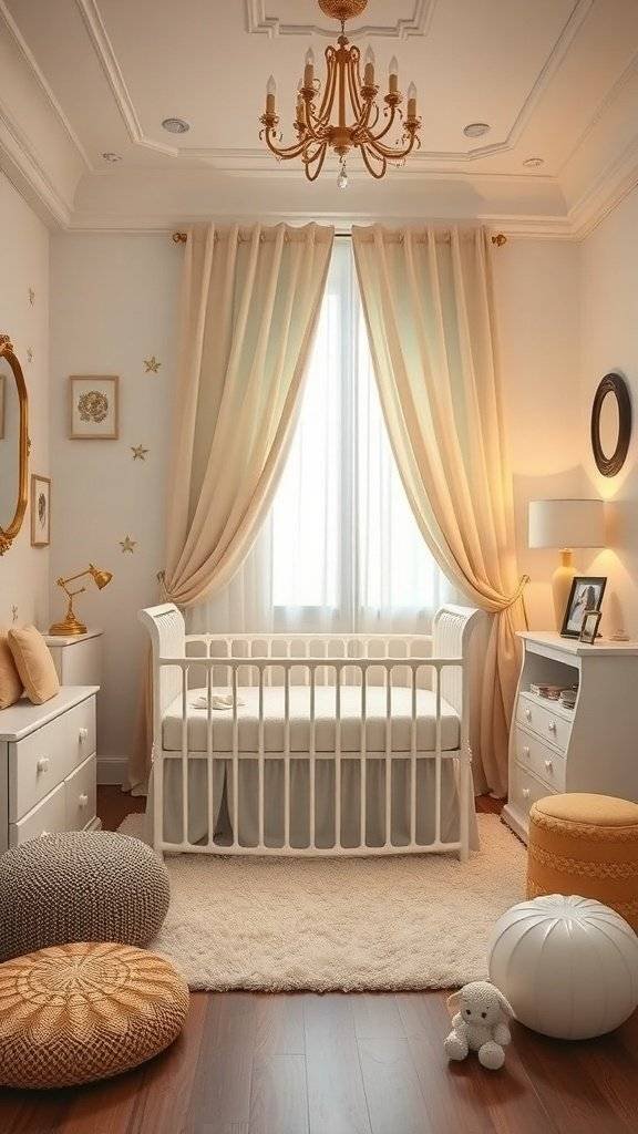 A nursery room inspired by Princess Leia featuring a crib, elegant chandelier, and warm decor.