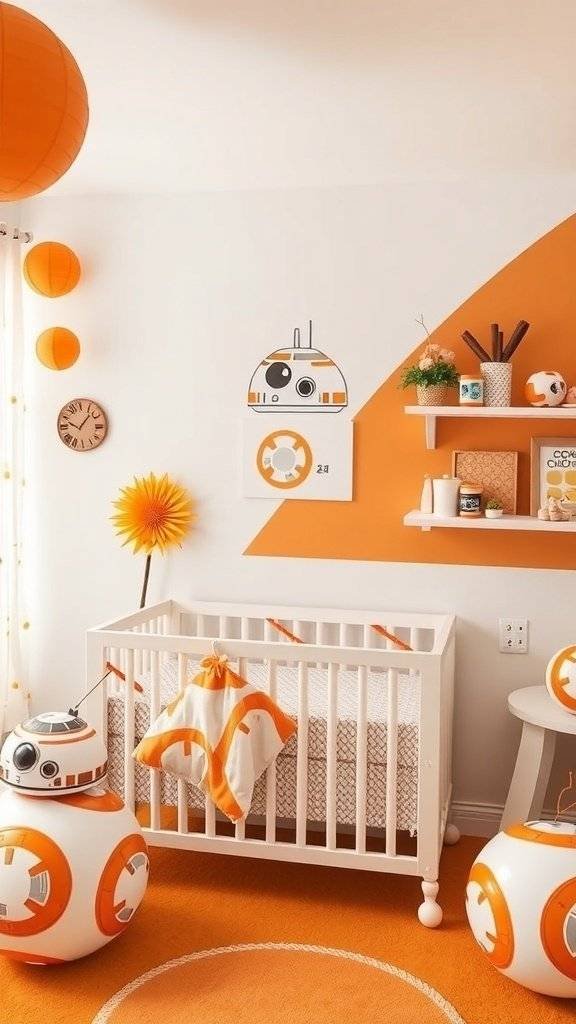 A nursery inspired by BB-8 from Star Wars, featuring orange and white decor, BB-8 themed furniture, and playful wall decorations.