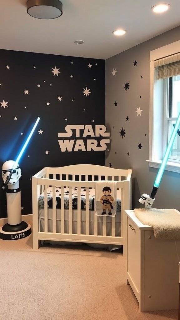 A nursery room inspired by Star Wars, featuring a crib, lightsabers, and themed decor.