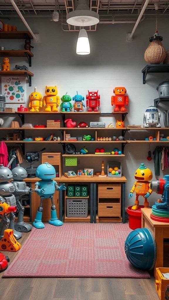 A colorful play area with robot toys and a cozy rug, designed for imaginative play.