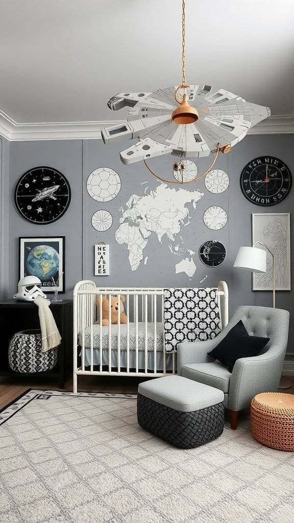 Nursery room inspired by Star Wars with a Millennium Falcon light fixture and themed decor.