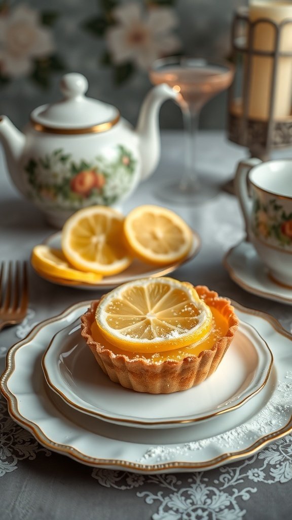 A classic lemon tart with a slice of lemon on top, served on elegant plates with a teapot in the background.