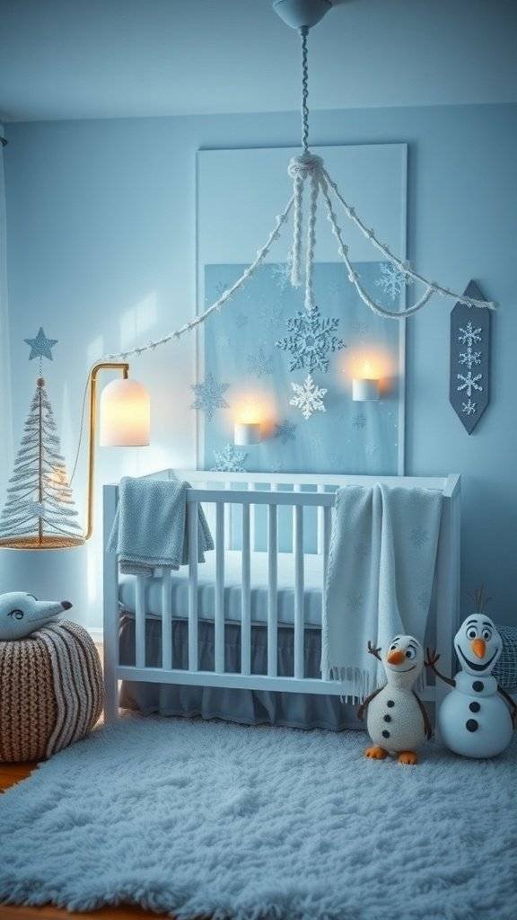 A serene nursery inspired by Hoth from Star Wars, featuring soft blue and white decor, a crib, plush toys, and snowflake designs.