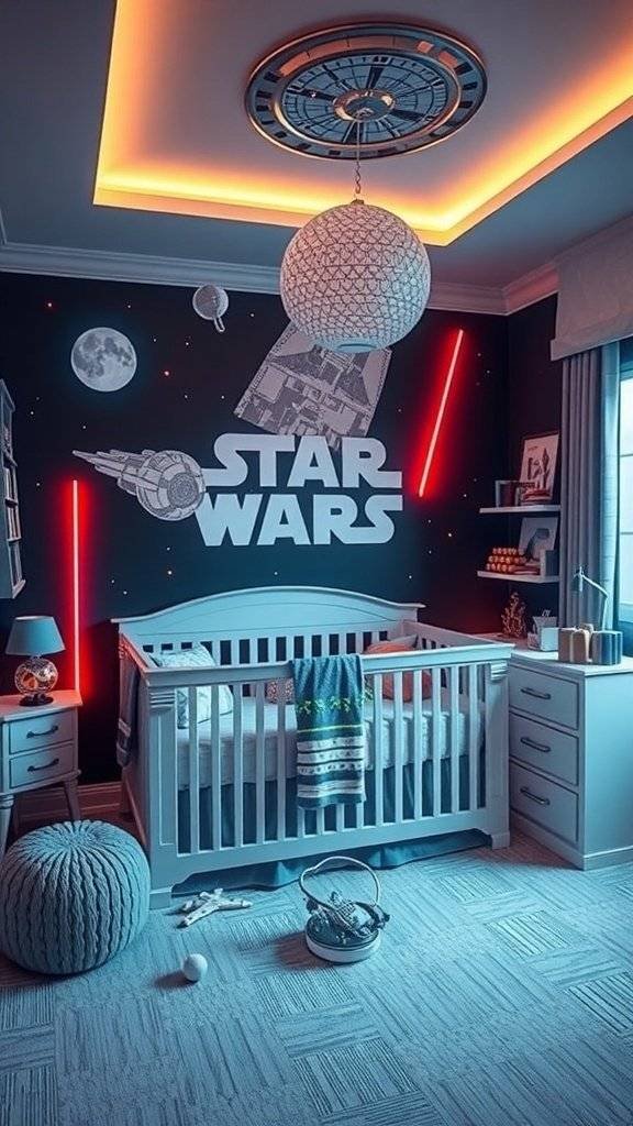 A Star Wars themed nursery with dark walls, a white crib, and playful decor.