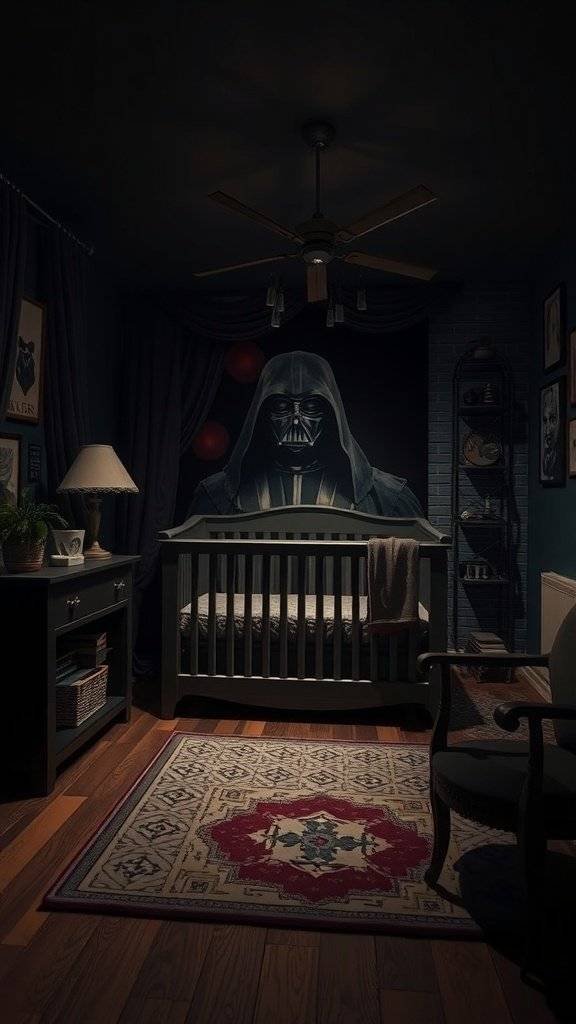 A nursery room inspired by Darth Vader, featuring a crib, dark colors, and a mural of the character.
