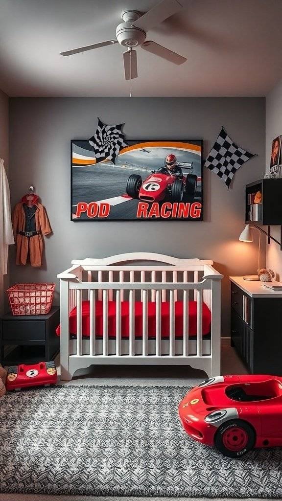 A nursery room designed with a Podracer racing theme, featuring a crib, racing-themed decor, and a toy car.