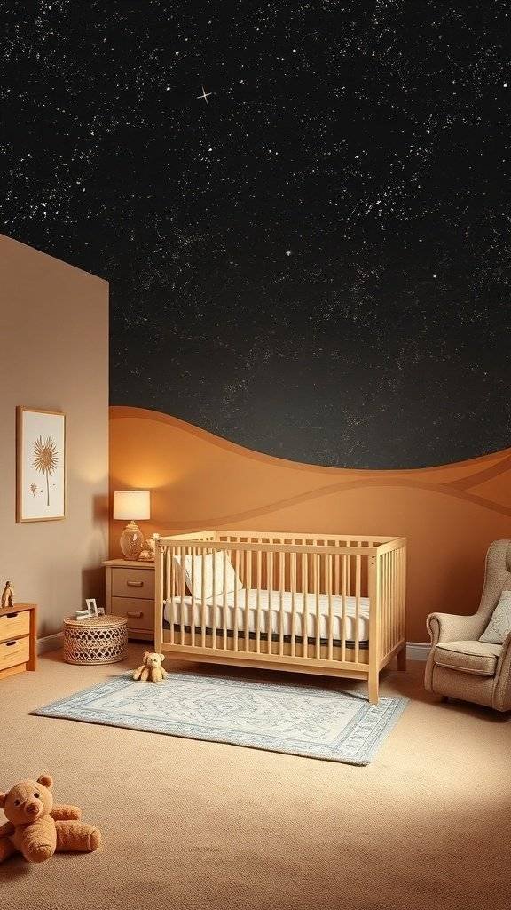 A nursery room inspired by Tatooine, featuring sandy walls, a starry ceiling, a wooden crib, and cozy decor.