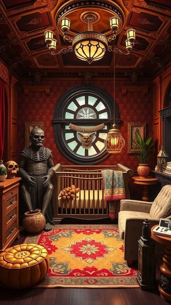 A nursery room inspired by Jabba the Hutt, featuring a crib, plush rug, and unique decor.