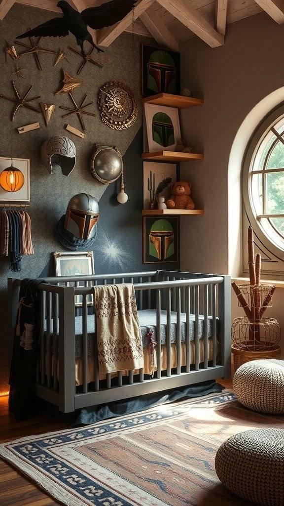 A nursery inspired by the Mandalorian, featuring a crib, themed decor, and warm lighting.