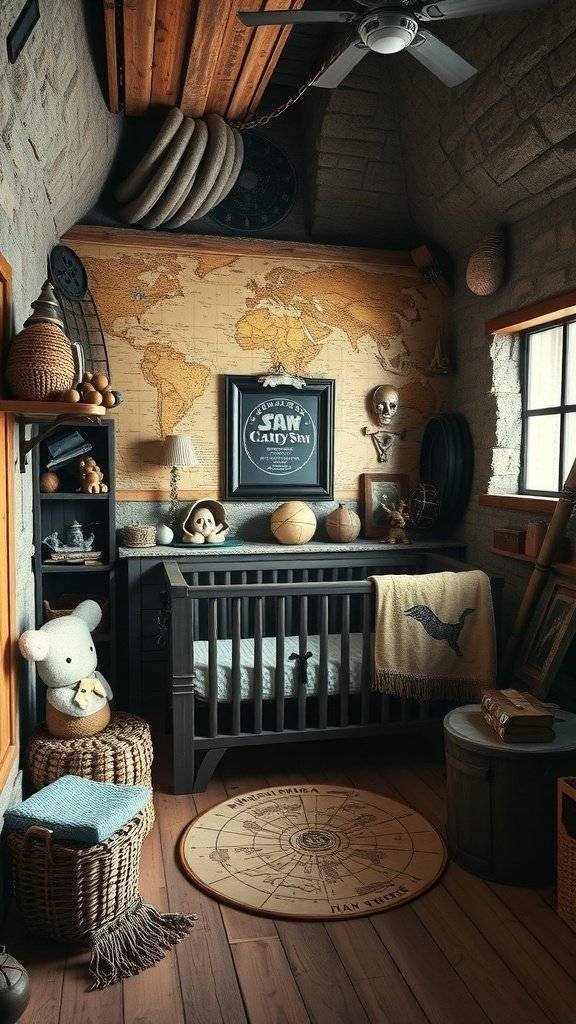 A cozy nursery room inspired by bounty hunters, featuring a vintage map, dark crib, and playful decor.