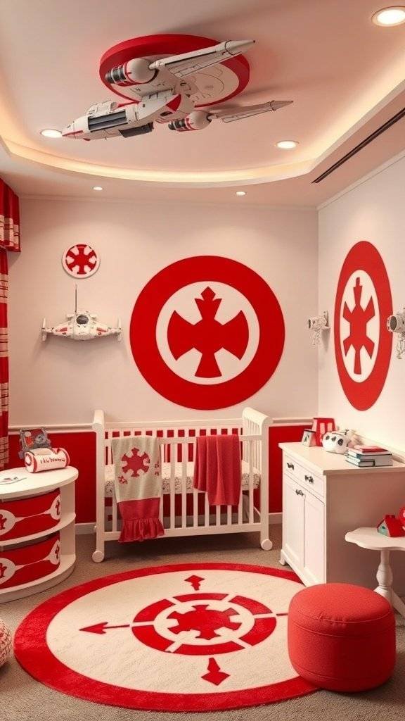 A nursery room inspired by the Rebel Alliance from Star Wars, featuring red and white colors, a crib, and space-themed decor.