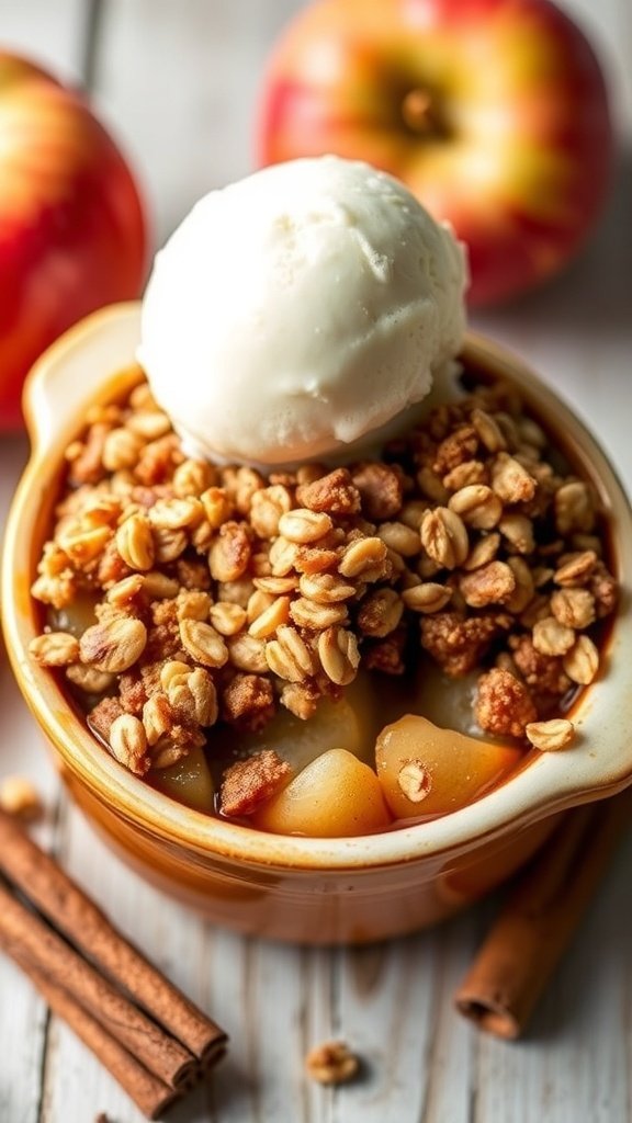 A warm apple crisp topped with oats and a scoop of vanilla ice cream