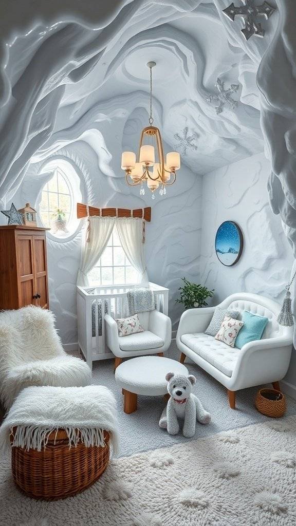 A nursery room designed to resemble a Wampa cave from Star Wars, featuring textured white walls, cozy furniture, and a plush bear.