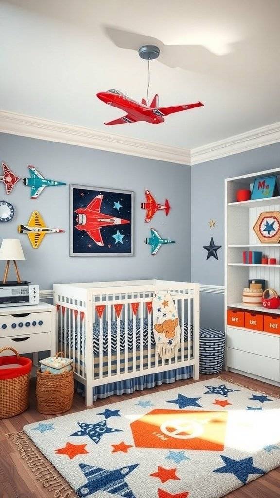 A nursery room inspired by Star Wars, featuring a crib, colorful airplane decor, and a soft rug.