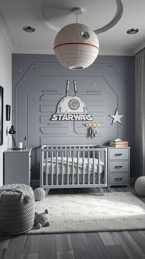 A stylish nursery inspired by the Death Star from Star Wars, featuring gray walls, a crib, and themed decor.