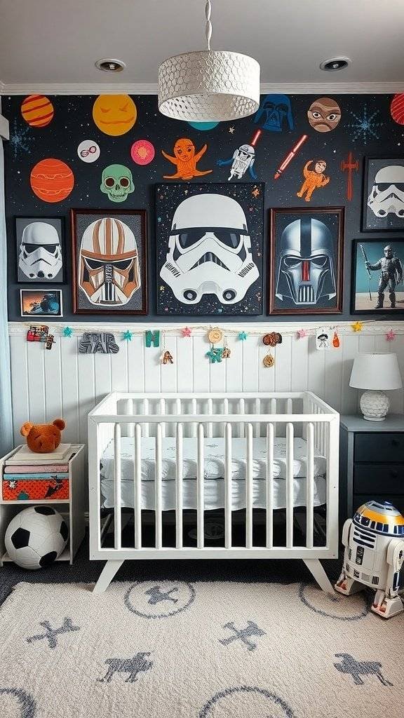 A Star Wars themed nursery room with character artwork on the walls, a crib, and themed decor.