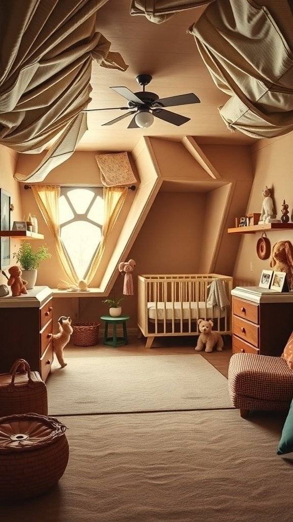 A cozy nursery room inspired by Star Wars, featuring a crib, plush toys, and unique architectural elements.