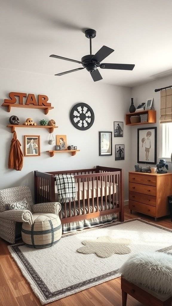A cozy nursery room inspired by Han Solo from Star Wars, featuring a wooden crib, Star Wars artwork, and warm decor.