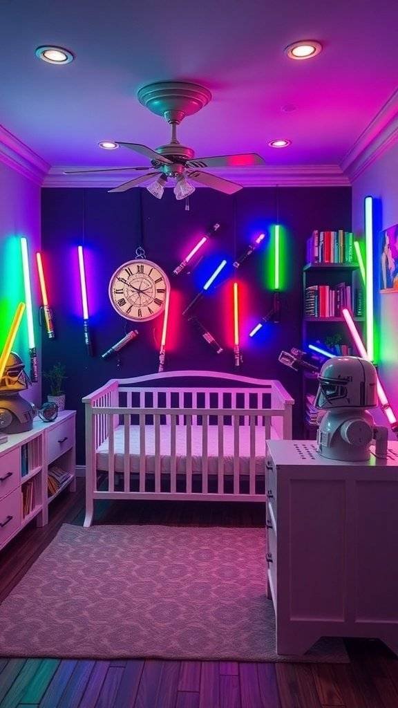 A nursery room designed with lightsaber decor, featuring colorful lightsabers on the walls, a crib in the center, and a playful atmosphere.