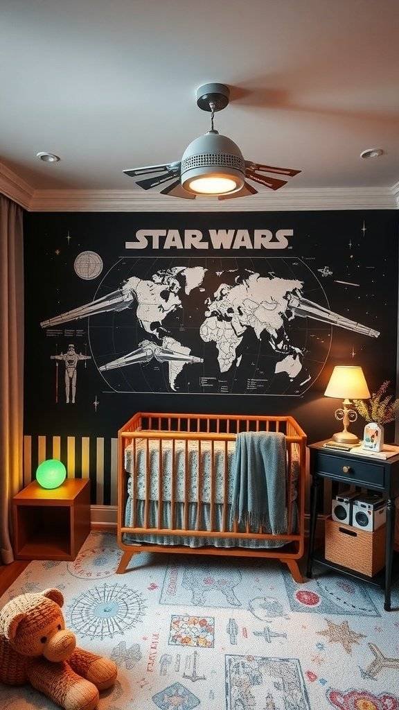A nursery room designed with a Jedi Starfighter theme, featuring starfighter graphics on the walls, a cozy crib, and Star Wars-themed decor.