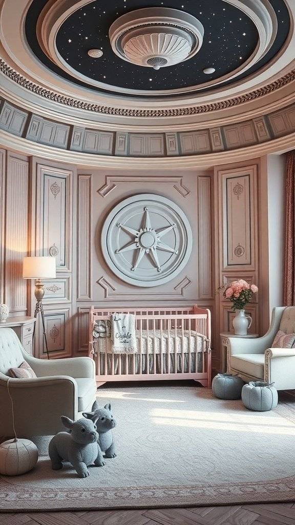 A nursery room inspired by the Galactic Senate Chamber from Star Wars, featuring a starry ceiling, a pink crib, and cozy seating.