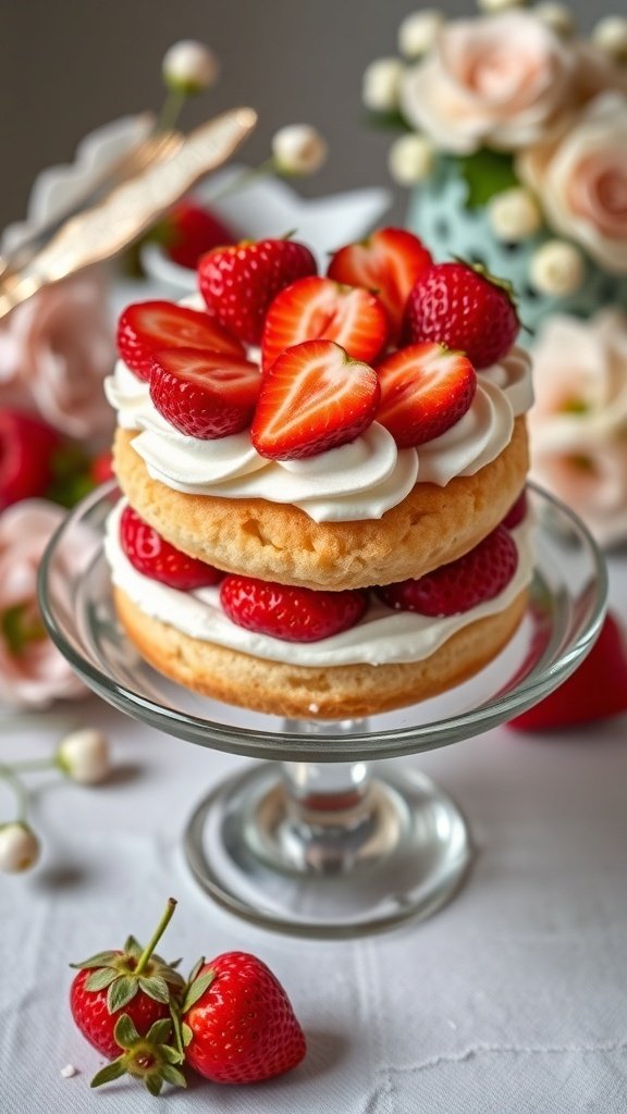 A beautiful layered strawberry shortcake topped with fresh strawberries and whipped cream.