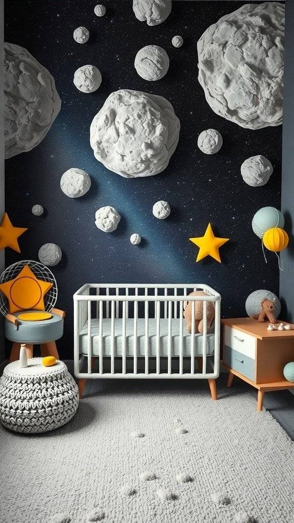 A nursery room with an asteroid field mural, featuring a crib, star decorations, and soft lighting.