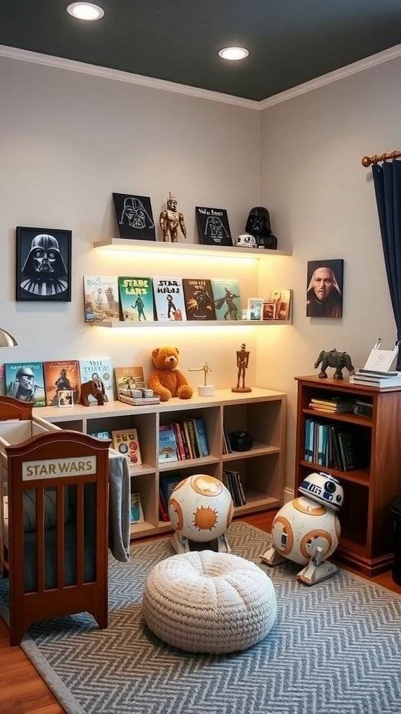 A Star Wars themed nursery room with a crib, bookshelves, and playful decor.