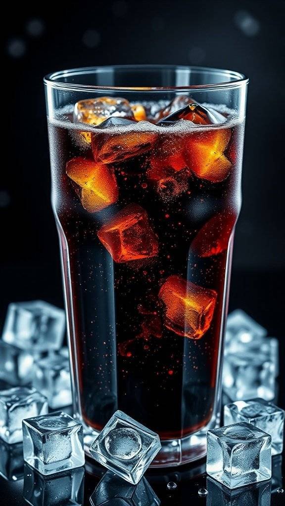 A glass of cola with ice cubes and star-shaped ice around it, set against a blue background.