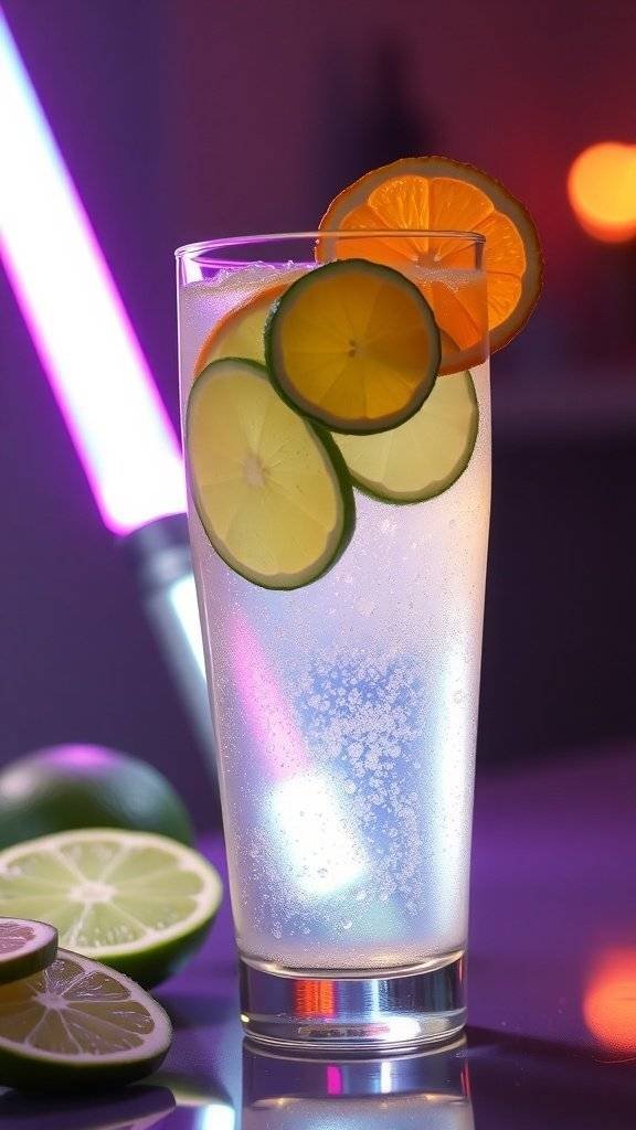 A refreshing glass of citrus fizz with lime and orange slices, set against a colorful background.