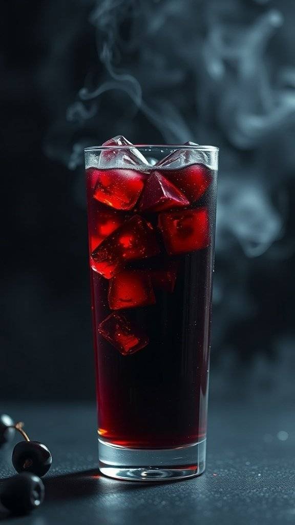 A glass of dark cherry fizzy drink with ice cubes and fresh cherries