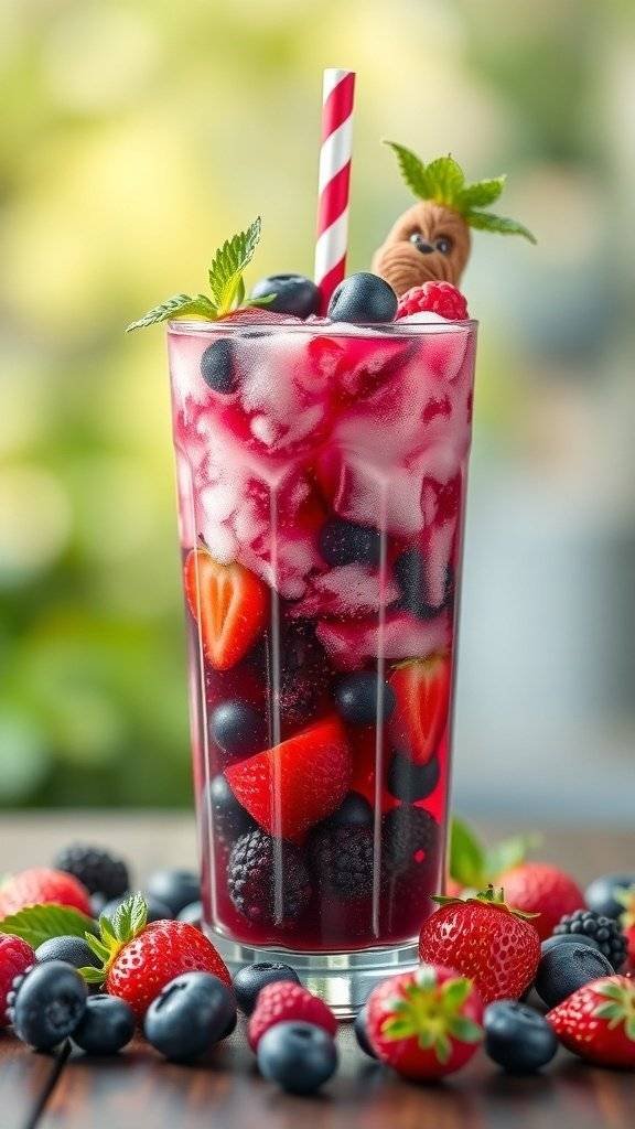 A colorful fizzy drink with strawberries, blueberries, and raspberries, garnished with mint and a Chewbacca figure.