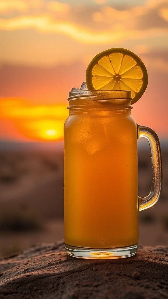 A refreshing Tatooine Sunset Lemonade with a slice of lemon on the rim, set against a beautiful sunset background.