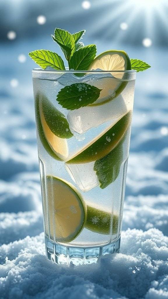 A refreshing mint mojito soda in a glass with mint leaves and lime slices, set against a snowy background.