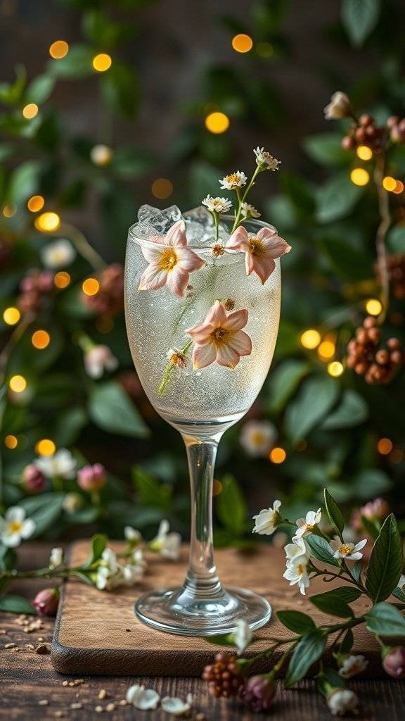 A glass of Elderflower Fizz garnished with flowers, set against a backdrop of greenery and soft lights.