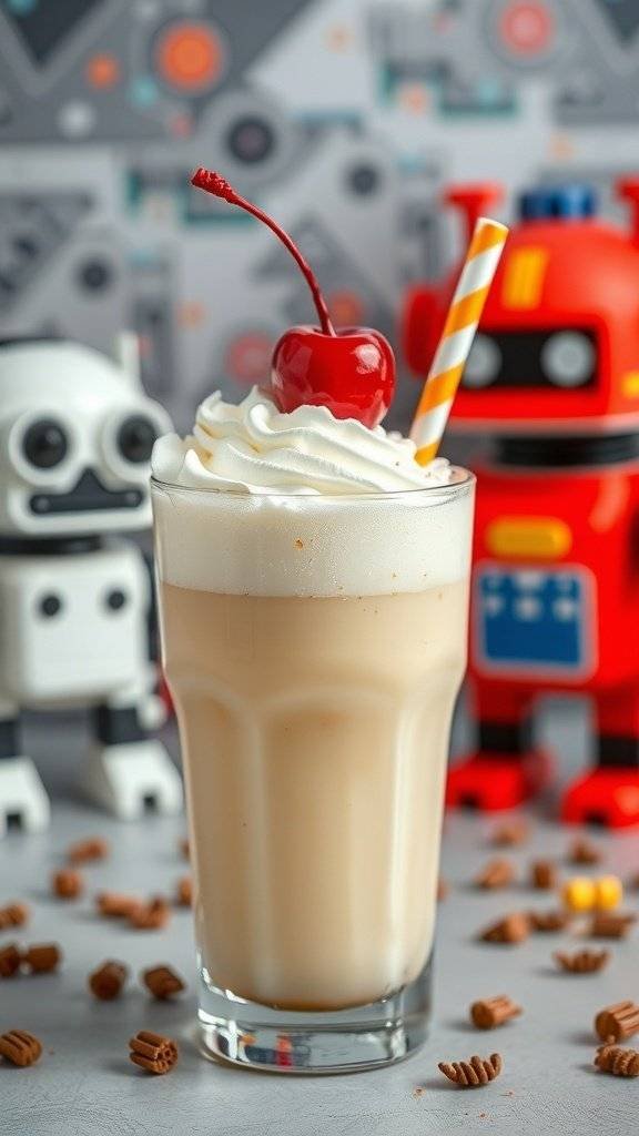 A glass of vanilla cream soda topped with whipped cream and a cherry, with playful droid figures in the background.