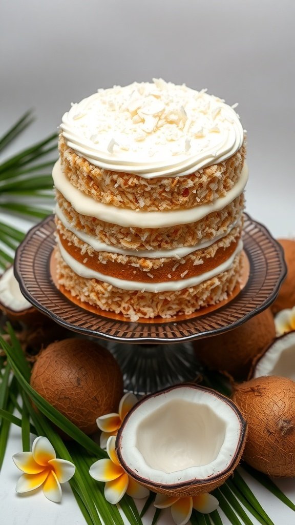 A rich coconut cake with layers, topped with shredded coconut, surrounded by coconuts and tropical leaves.
