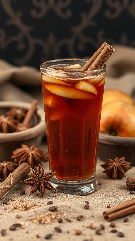 A glass of Jawa Juice with apple slices and cinnamon sticks, surrounded by spices.