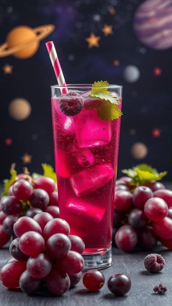 A vibrant glass of Galaxy Grape Soda with ice, fresh grapes, and mint, set against a cosmic background.