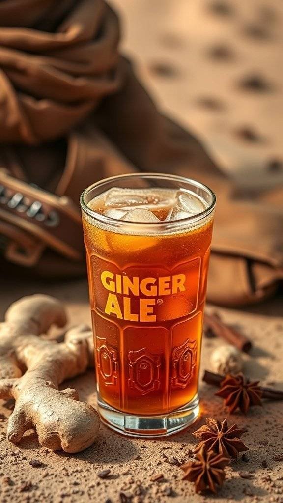 A glass of spicy ginger ale with ice, fresh ginger roots, and star anise on a sandy surface.
