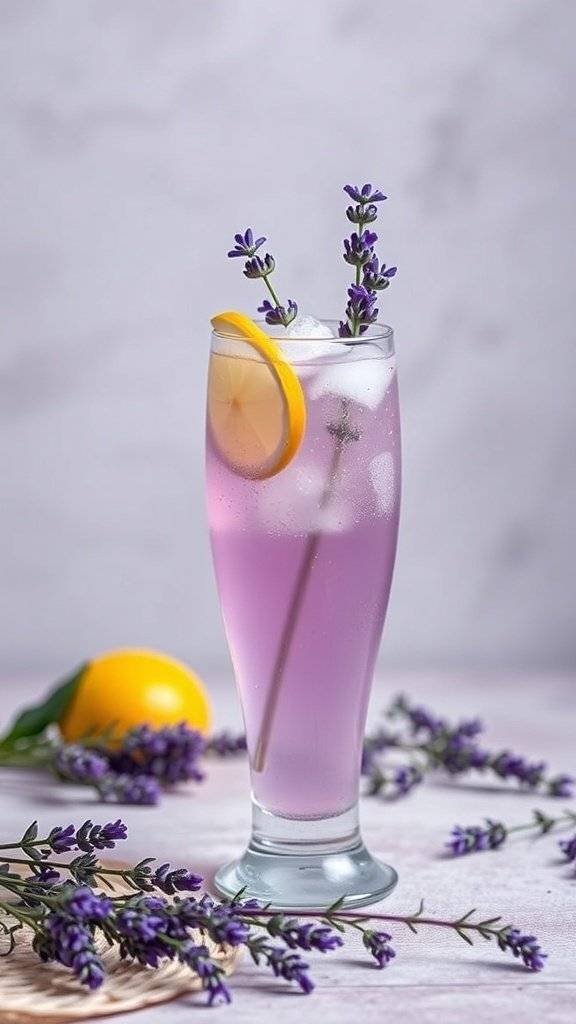 A refreshing glass of lavender lemon fizz with ice, garnished with a lemon slice and lavender sprigs.