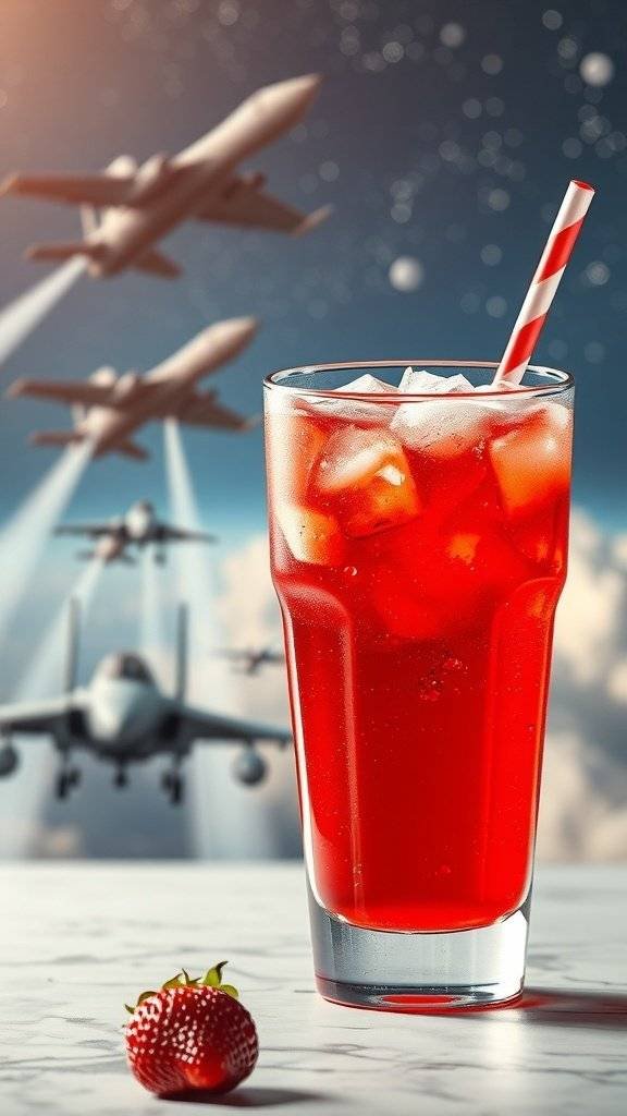 A glass of vibrant red strawberry soda with ice, garnished with a strawberry, against a backdrop of starfighter jets.